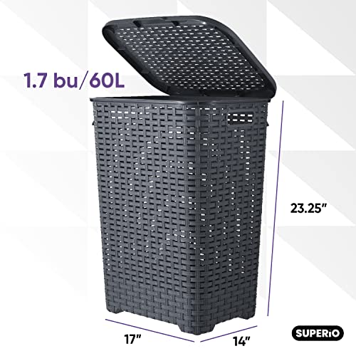 Plastic Laundry Hamper with Lid 3 Pack Laundry Hamper Basket, Grey Tall Cloths Hamper Organizer with Cut-out Handles. Space Saving for Laundry Room Bedroom Bathroom, Wicker Design 60 Liter - color: Grey, size: 3-pack