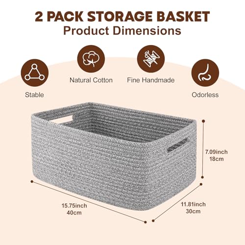 OIAHOMY Storage Basket for Shelves, Closet Cube Storage Bins Baskets for Clothes Blanket Towels, Baby Nursery, Toy Baskets Box, Woven Rope Basket, 15.75 * 11.81 * 7.09 IN, 2 Packs Grey - color: Grey, size: 15.75*11.81*7.09