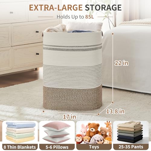 AINUOQI Laundry Hamper - Tall Woven Rope Laundry Basket - Clothes hamper with Leather Handles, 17" X 13.8" X 22", Blanket Storage Basket for Living Room, Rice Brown & White - color: Rice Brown & White, size: 85L