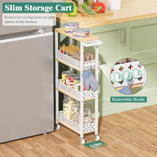 Giwil 4-Tier Slim Rolling Storage Cart for Kitchen Bathroom Organizer, Mobile Narrow Storage Cabinet Utility Cart with Wood Rack on Wheels for Pantry Laundry Small Space, White - size: White/Net Bar