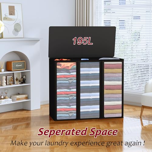 195L Laundry Hamper 3 Section,Large Laundry Hamper with Lid,Dirty Clothes Hamper with 3 Inner Bags,Collapsible Laundry Basket Organizer for Laundry Room,Bedroom,Laundry Sorter Hamper 3 Compartment - color: Black, size: 195L