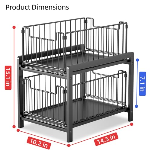 2 Tier Sliding Basket Drawer Organizer, Lxmons Pull Out Under Sink Cabinets Organizers, Metal Home Shelf for Bathroom or Kitchen, Sliding Countertop or Pantry Storage Shelf, Large Black - color: Black
