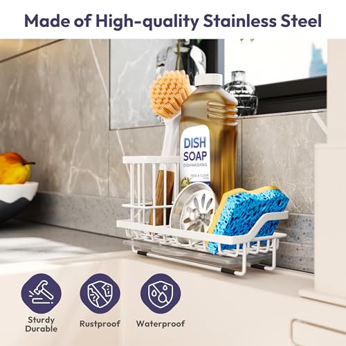 SWTYMIKI Sink Caddy Sponge Holder - Kitchen Sink Organizer with High Brush Holder for Countertop to Hold Dish Soaps and Sponges, Stainless Steel, White - color: White, size: Medium