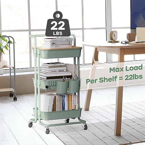 DTK 3 Tier Rolling Utility Cart with Cover Top Board, Movable Kitchen Storage Cart Trolley with Lockable Wheels, Cups, Hooks for Kitchen Bathroom Home Office Art Craft Storage(Turquoise/Green) - color: Green, size: Medium
