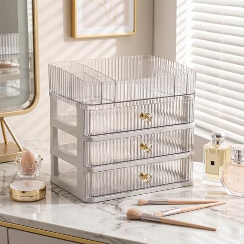 MIUOPUR Makeup Organizer with 3 Drawers, Clear Bathroom Counter Organizer, Skincare Organizer for Vanity Countertop, Cosmetic Display Case, Ideal Choice for Storing Lipsticks, Nail Polishes, Perfumes