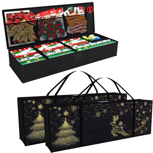 Safana 2 Pack Wrapping Paper Organizer Storage Bag, 42" Durable 600d Oxford Wrapping Organizer Box Under Bed Containers for Decorations Paper Rolls, Ribbons, Bows (Golden Deer) - color: Golden Deer 2pcs, size: 42inch