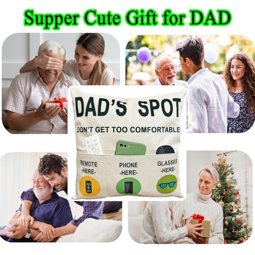 ZUYUROU Dad Gifts Funny 3 Pocket Throw Pillow Cover for Couch Recliner Sofa, Dad's Spot Remote Phone Glasses Holder Organizer Cushion Case, Father's Day Birthday for Dad, 18 x 18 Inch - color: Dad 3-pocket