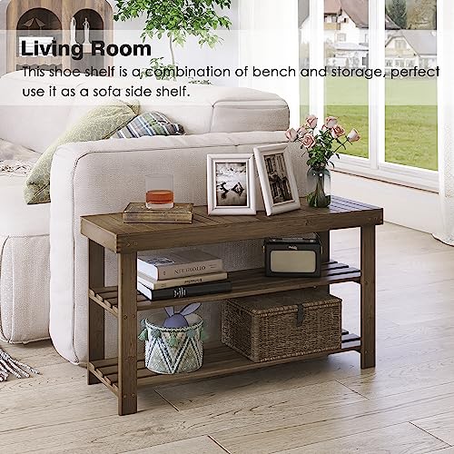 SMIBUY Bamboo Shoe Rack Bench, 3-Tier Shoe Organizer Storage Shelf for Entryway Hallway Bathroom Living Room (Walnut) - color: Walnut