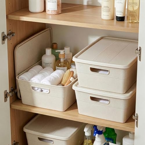 BINO | Plastic Storage Bins with Lids, 13 Liter - 3 Pack, Natural | THE BRAIDED COLLECTION | Plastic Bins for Organization Woven Storage Baskets for Organizing Pantry Shelf Organizer Basket Bin - color: Natural, size: 13L | 3-Pack