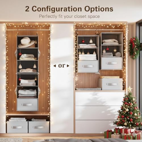 Pipishell 6-Shelf Hanging Closet Organizer with 2 Separable 3-Tier Shelves, 3 Drawers & Side Pockets Closet Organizers and Storage for Wardrobe Organization and Nursery Clothes Organizer, Gray - color: Grey
