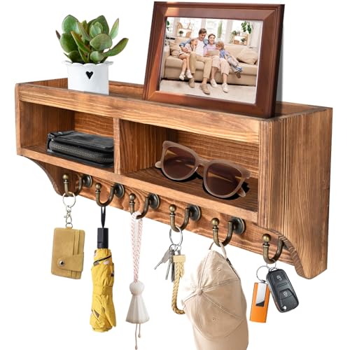 Key Holder Wall Mount - Mail Organizer Wall Mount with 6 Key Hooks and Storage Box for Sunglasses Storage and Dog Leash Holder Home Decor Rack Apartment Essentials Farmhouse Shelf Entryway Organizer - color: Brown