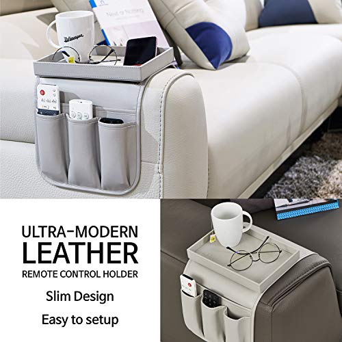 Couch Remote Caddy Control Holder Sofa Synthetic PU Leather Organizer with Detachable Tray for Recliner Chair Armrests with 4 Slots - 1 Large Pockets and 3 Small Pockets (Grey) - color: Grey
