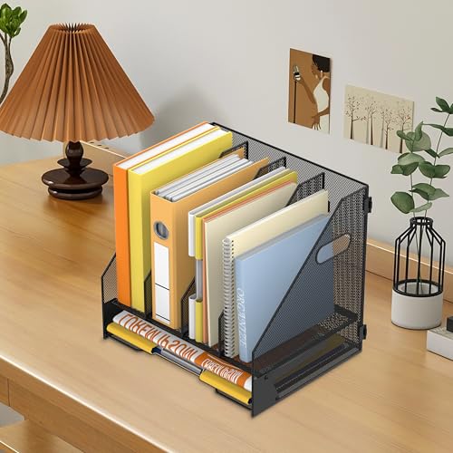 DALTACK Magazine File Holder, 4 Vertical Compartments Rack Binder Organizer with Paper Tray, Metal Magazine Organizer for Office, Home, School (Black) - size: 4Rack