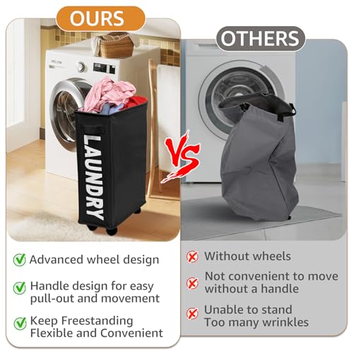 23inch Slim Laundry Basket 44L Rolling Laundry Hamper on Wheels -Collapsible Clothes Hamper with Handle -Freestanding Laundry Bin Narrow Laundry Bag Yoga Mat Storage Racks