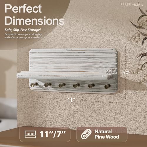 Rebee Vision Decorative Pine Wooden Key Holder Wall Mount for Apartment Essentials – Pine Wooden Key Holder for Wall with 6 Hooks & Floating Shelf – Modern Farmhouse House Decor (Whitewash) - color: Whitewash, size: Medium-11inch