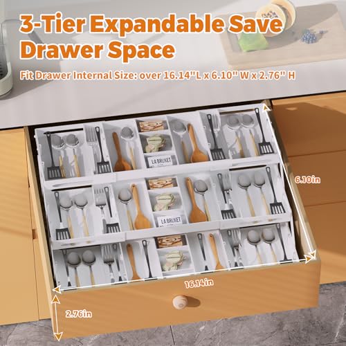 3 Tier Drawer Organizer - Expandable Junk Drawer Organizer Smart Office Supply Organizer, Folding Drawer Storage Multi-level Desk Organizer for Makeup,Jewelry,Kitchen Storage (1 Row 3 Tier, White) - color: White, size: 1 Row 3 Tier
