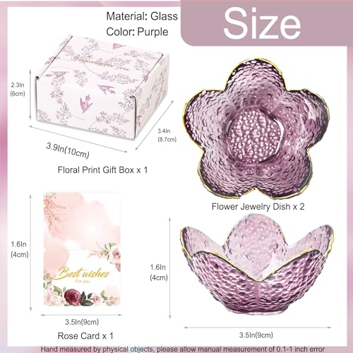 Gifts for Women Purple Flower Jewelry Dish Glass Ring Holder Decorative Jewelry Tray Cute Vanity Room Decor Aesthetic Nightstand Bathroom Decor Trinket Dish Friendship Birthday Christmas Gifts (2pcs) - color: 2 Pcs Purple-9cm