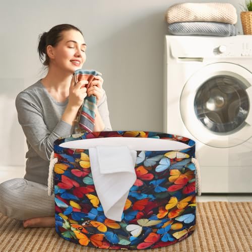 Pardick Colorful Butterfly Large Round Storage Basket Collapsible Circle Storage Bin Laundry Hamper With Handle for Kids Toy Blanket Clothes Towel Living Room Nursery Storage Organizer Decor - color: Print 10