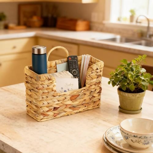 Hanging Magazine Basket, Woven Wall Magazine Holder Organizer with Handle for Mail, Files, Books - Water Hyacinth Farmhouse Storage Rack for Bathroom, Kitchen, Office - color: Water Hyacinth