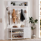 Lulive Hall Tree with Bench and Shoe Storage, 31.5" Coat Rack Freestanding with 2-Tier Storage Shelf, 5-in-1 Entryway Bench Coat Rack with 12 Hooks and 3 Drawers(White) - color: White