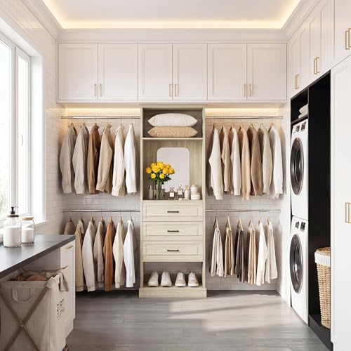 Unikito Closet System, 4FT - 9FT Closet Organizer with Mirror, Luxury Walk in Closet Insert with Drawers and 4 Hanging Rods, Sturdy Wood Wardrobe Closet Garment Rack with 25” Tower, White Oak - color: White Oak