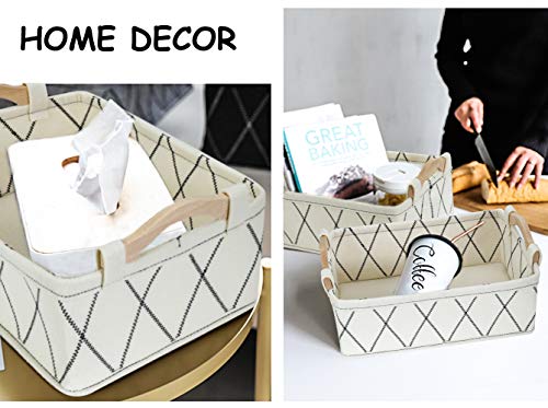 Small Storage Baskets Toy Storage Organizer Rectangle Basket Empty Gift Baskets Shelf Baskets Decorative Storage Basket With Wooden Handles for Keys Makeups Remotes Books - color: white, size: 11.4 x 7.1 x 3.9 Inch (Pack of 1)