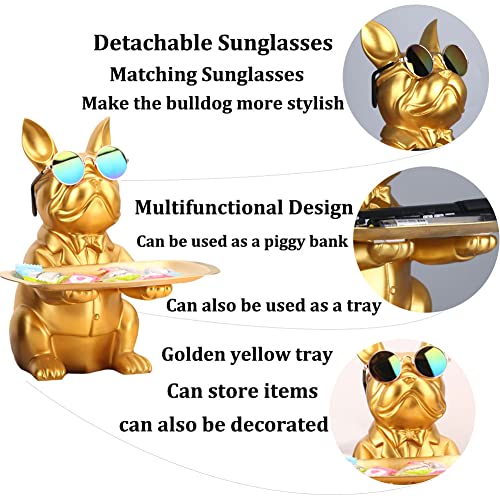 QIANLING Modern Decor Resin Gold Bulldog Tray Statue Tray Storage Key Holder Candy Jewelry Earrings Tray Suitable for Home Decor Modern Art Dining Table Decor Office Small Object Tray (Golden Yellow) - color: Gold