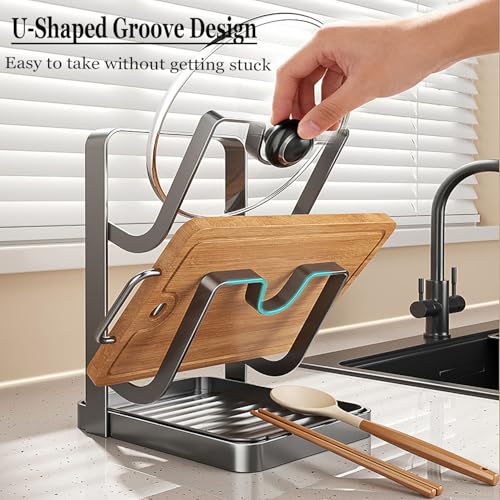 Kitchen Pot Lid Storage Rack, Carbon Steel Pot Lid Holder with Spoon Rest While Cooking, Multifunctional Countertop Organizer with Removable Drip Tray for Cutting Boards, Ladles