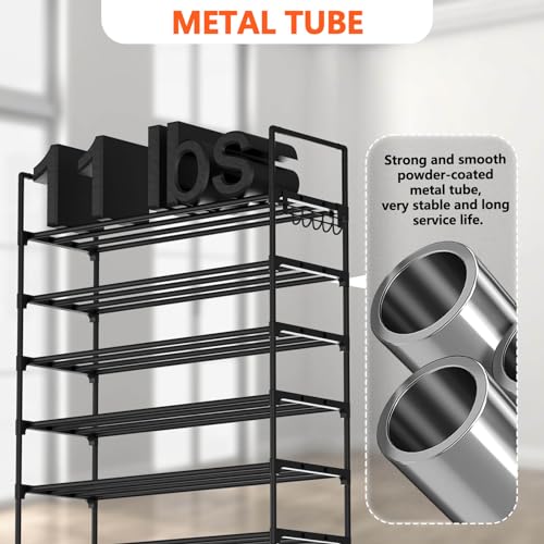 Hsscblet 8 Tiers Metal Shoe Rack,Adjustable Shoe Shelf Storage Organizer with Hooks,Stackable Boot & Shoe Storage,for Entryway,Hallway,Closet,Black - size: 8-Tier