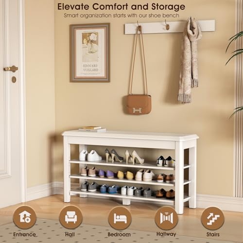 IUNVR Shoe Rack Bench Seat Rubberwood 3-Tier Wooden Storage Bench 550lbs Compact Mid-Century Modern Design for Entryway, Hallway, Closet, Front Door Entrance, Foyer - color: White-3 Tier(wood), size: 39.4"W x 11.8"D x 20.5"H