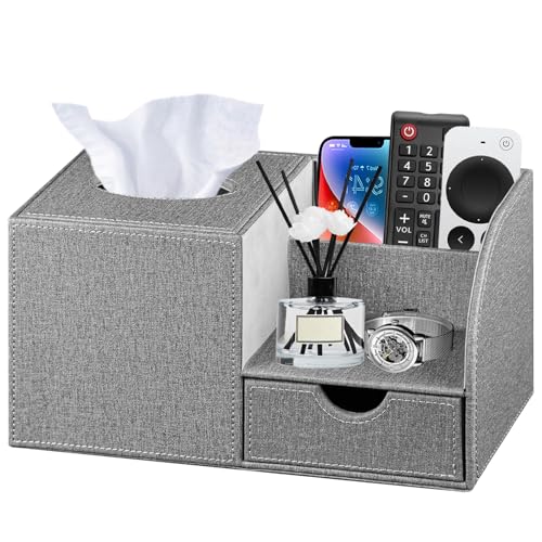 Nightstand Organizer with Tissue Holder,PU Leather Square Tissue Box Cover,Modern Facial Paper Organizer Storage Box for Remote Control,Bathroom,Vanity Countertop,End Table Home Office.Gray - color: Gray