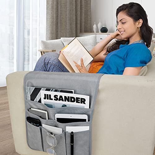 Teniux Remote Control Holder Faux Leather Armrest Organizer with 6 Pockets for Recliner Couch Sofa, Armchair Caddy for Smart Phone, Book, Magazines, Ipad, Remotes (Grey) - color: Grey