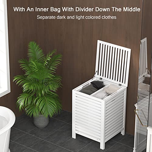 Homykic Bamboo Laundry Hamper with Lid, 120L Large Clothes Laundry Sorter with Removable 2-Section Liner Bag, Raised Laundry Basket Organizer for Clothing, Bathroom, Bedroom, Laundry Room, White - color: White