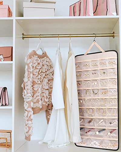 BAGSMART Hanging Jewelry Organizer Storage Roll with Hanger Metal Hooks Double-Sided Jewelry Holder for Earrings, Necklaces, Rings on Closet, Wall, Door, 1 piece, Extra Large, Black - color: Black, size: X-Large
