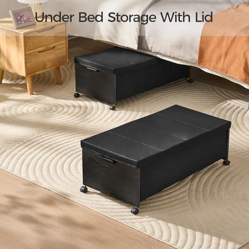 FOUCSSOMEI Under Bed Drawers on Wheels, XXXXL Size, UnderBed Storage with Wheels, Wooden Under Bed Storage, Underbelly Storage, Heavy Duty, Patented Design - color: Black, size: Quadruple Size
