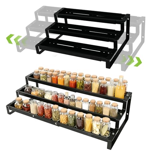 3-Tier Spice Rack Organizer for Cabinet, Expandable Kitchen Organizer 14.4 to 26.1 Inch Seasoning & Pantry Organizer for Countertop, Metal Non-Skid Step Storage Shelf for Condiments, Oils, Cans, Jars
