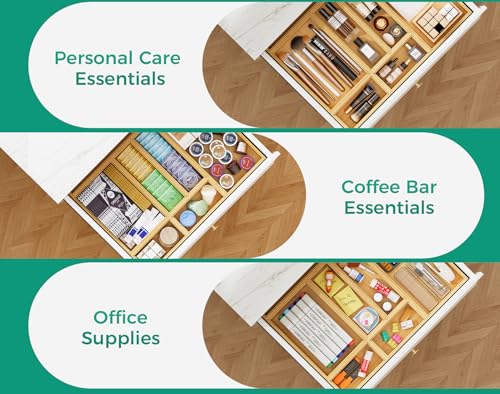 Bamboo Kitchen Drawer Organizer Boxes – 12" x 6" Stackable Wood Silverware Utensil Tray for Drawers Bins, Cutlery & Flatware Storage – Wooden Organizers Set of 2 for Junk Drawer, Bathroom, RV - size: 12" x 6" x 2"