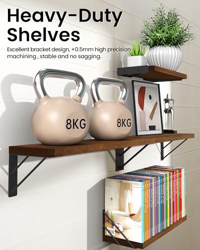 BAYKA Floating Shelves for Wall, Book Shelf for Bedroom, Decor Shelves for Living Room Kitchen, Mounted Wood Floating Shelf for Home Decor, Corner Shelf for Bathroom, Office(Dark Brown,Set of 4) - color: D. Dark Brown Board & Black Brackets, size: 16-inch