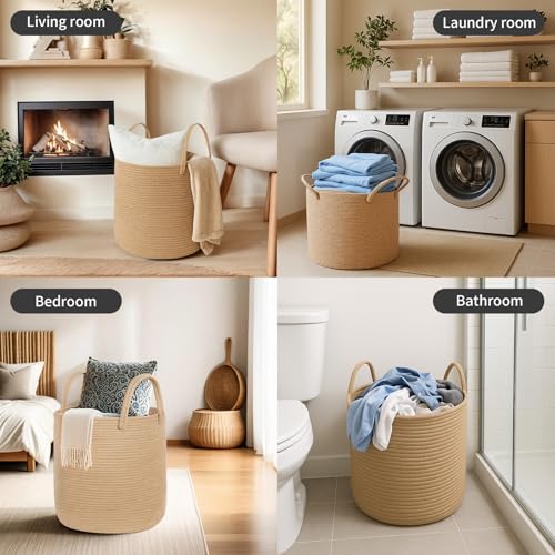 ShellKingdom Laundry Basket, Large Natural Rope Woven Storage Basket with Handles for Home, Living Room, Laundry, Storage Organizer for Blankets, Clothes, Plant, Toys, 19.7 x 14.96 INCH (Jute) - color: Jute, size: 58L
