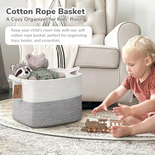Goodpick Woven Storage Basket, Cotton Rope Baskets with Handles, Toy Baskets Storage Kids, Blanket Basket for Living Room, Bedroom, Gray and White, 18 x 14 x 12 Inches - color: Light Grey, size: 18"L x 14"W x 12"H