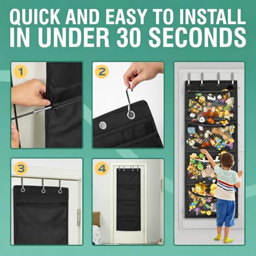 Honeyera The Original Stuffed Animal Storage (Patented) - Over Door Organizer for Stuffies, Toy Plush/Hammock Baby Hanging Storage Net Big Girls Toddler Large Bag Animals (Black) - color: Black