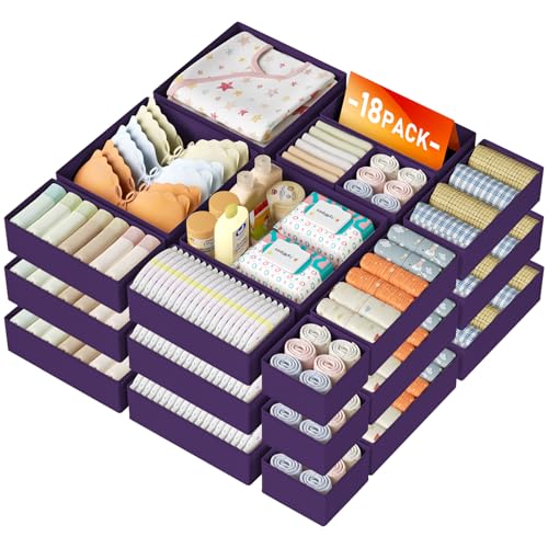 DIMJ Drawer Organizer Clothes 18 Pack - Foldable Baby Organizers and Storage & Dresser Organizer for Bedroom, Closet - Nursery Organization Dresser Dividers for underwear, Sock,Bra, Belt, Tie, Purple - color: Purple, size: 18 Pack