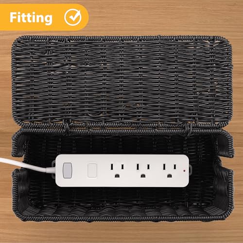 Handmade Cable Management Box, Imitation Rattan Cord Organizer Cord Hider Box, Desk Cord Management Box to Hide Cords and Power Strip L12.5 W5 H5.2 CB2412 Black - color: Black, size: 1 Pack (M)