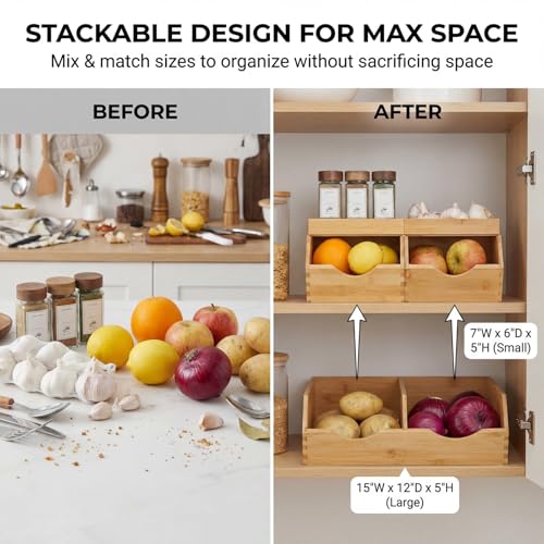 Bamboo Pantry Storage Bins Set 5 Pieces - Stackable Baskets, Potato and Onion Storage, Bamboo Wood Storage Bins for Pantry Baskets Organization and Storage, Kitchen Essential
