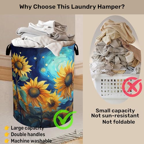 Starry Sky Sunflower Laundry Basket - Heavy Duty 60L Dirty Clothes Organizer, Water Resistant Foldable Hamper for Men Women - color: Starry Sky Sunflower