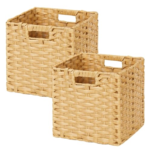 DULLEMELO Wicker Storage Baskets with Handles, Foldable Storage Cubes Set of 2 Plastic Wicker Baskets for Organizing Shelves,11 Inch Cube Baskets, Natural - color: Natural, size: 11in-2 pack