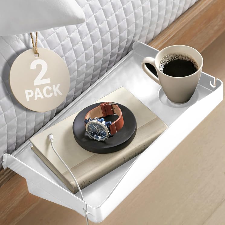 Modern Innovations 2 Count Bedside Organizer for Bed – Clip On Tray with Cup & Cord Holder – for College Dorm, Top Bunk, or Kids Bedroom (White) - color: White