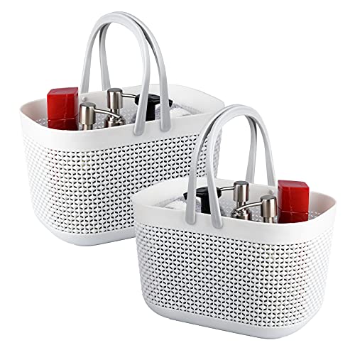 UUJOLY Portable Shower Caddy Basket Tote, Plastic Storage Basket with Handles Organizer Bins for Kitchen Bathroom College Dorm, White 2 Pack - color: White, size: 2 Pack