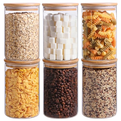 ComSaf 1 Qt Glass Storage Containers with Lids, Glass Jars with Lids, Clear Food Storage Jar, Round Canister Set of 6, Pantry Organizers for Cookie Pasta Flour Rice Tea Coffee Bean