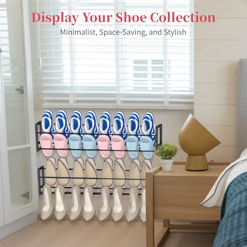 2 Pack Wall Mounted Shoe Rack for Narrow Spaces, Hanging Shoe Rack Holds 16 Pairs, 17"-30"Adjustable Heavy Duty Wall Shoe Storage with 4 Storage Hooks, Space Saving for Closet Entryway Door, Black - color: Black, size: 2 Pack